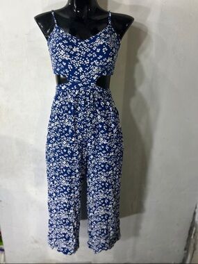 aerie Blue & White Floral Cutout Wide-Leg Jumpsuit